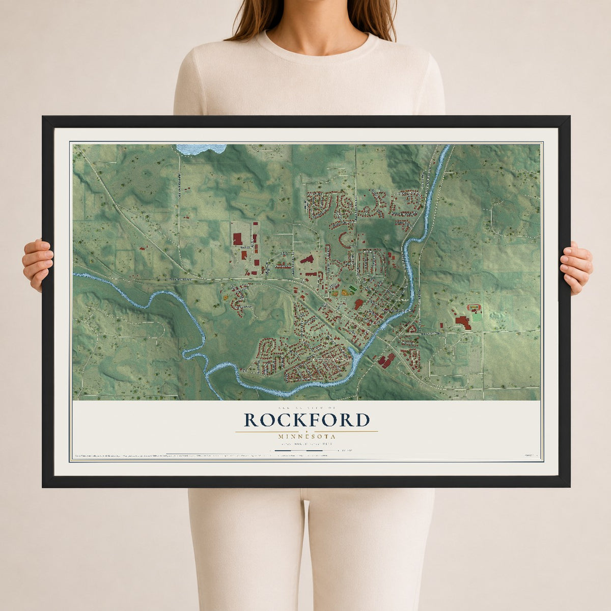 Map of Rockford, Minnesota, 24 x 36 inch print in a black wood frame