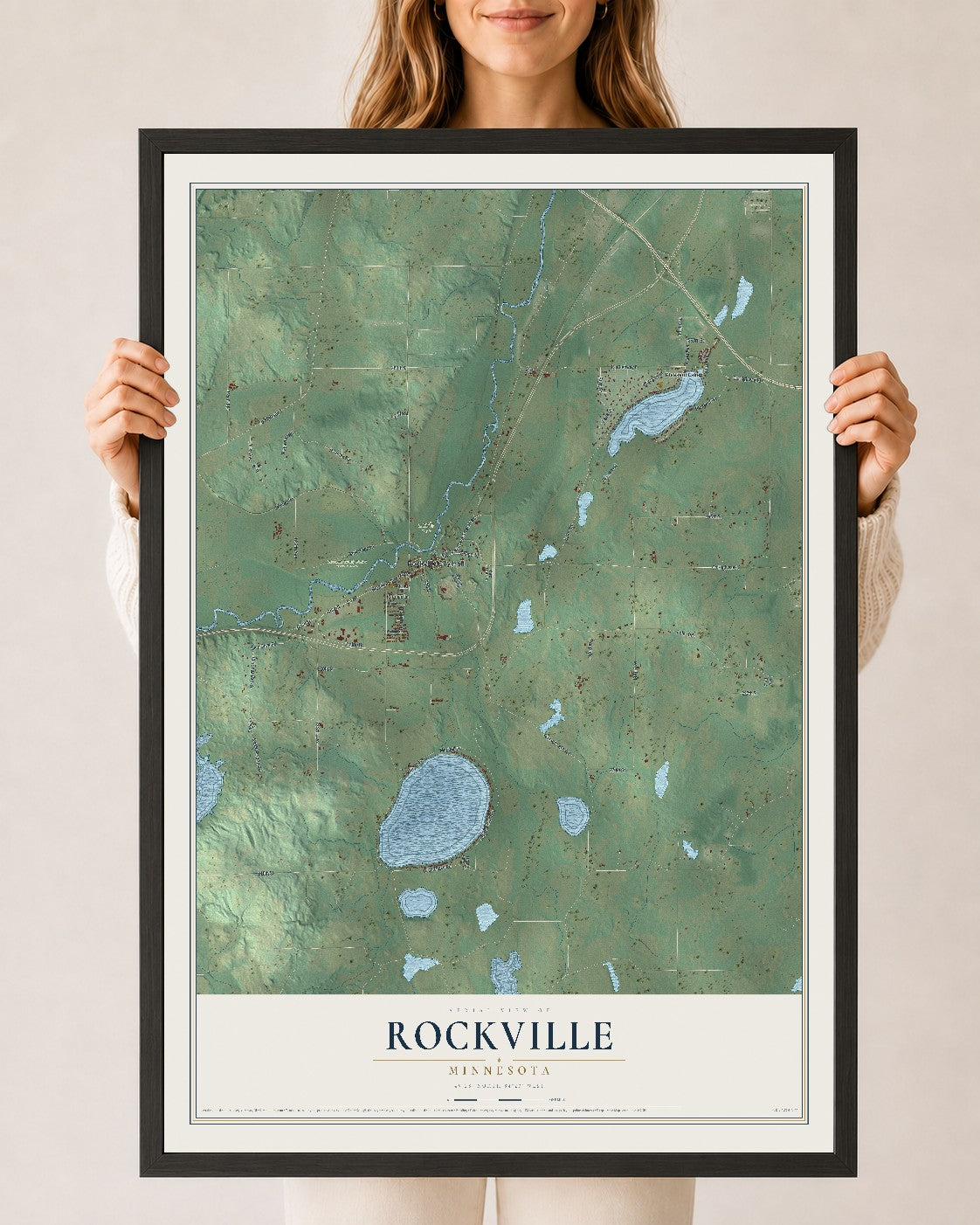 Map of Rockville, Minnesota, 24 x 36 inch print in a black wood frame