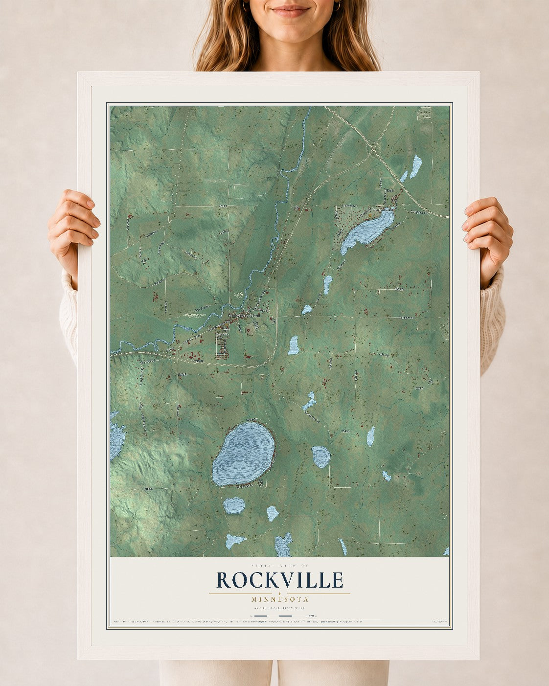 Map of Rockville, Minnesota, 24 x 36 inch print in a white wood frame