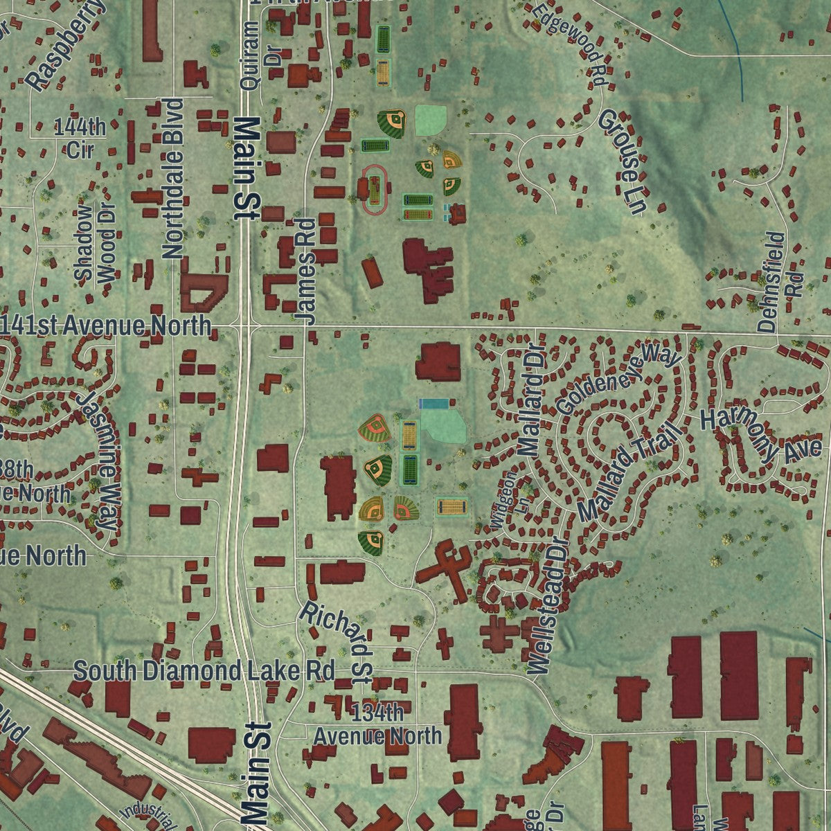 Close-up of the map of Rogers, Minnesota print showing street and building detail