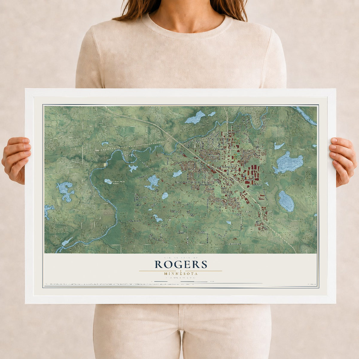 Map of Rogers, Minnesota, 12 x 18 inch print in a white wood frame