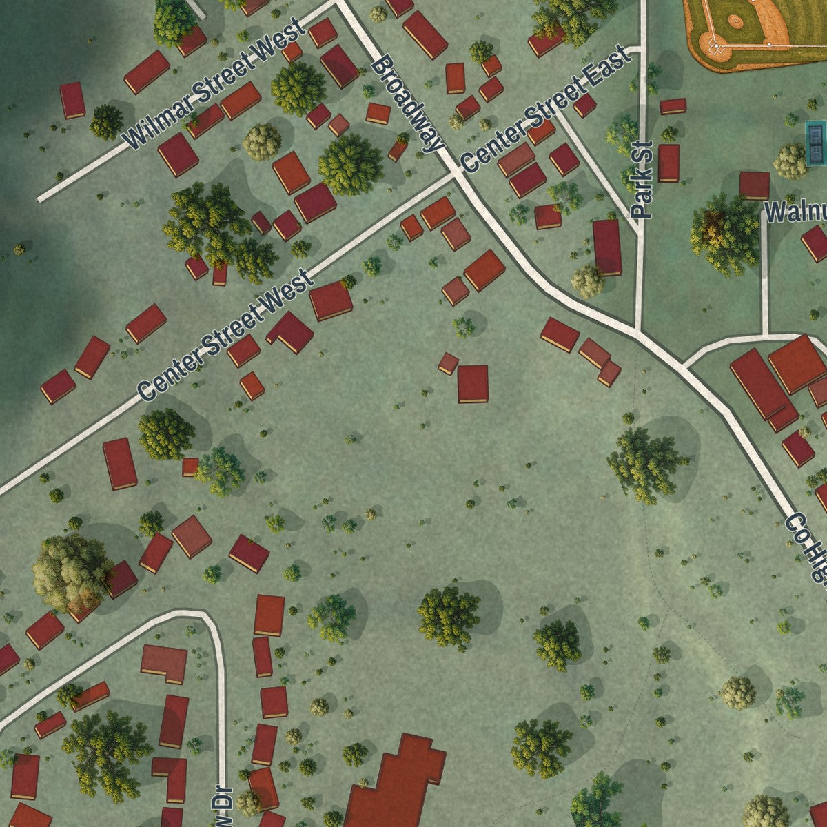 Second close-up of the map of Rollingstone, Minnesota print showing more streets and buildings