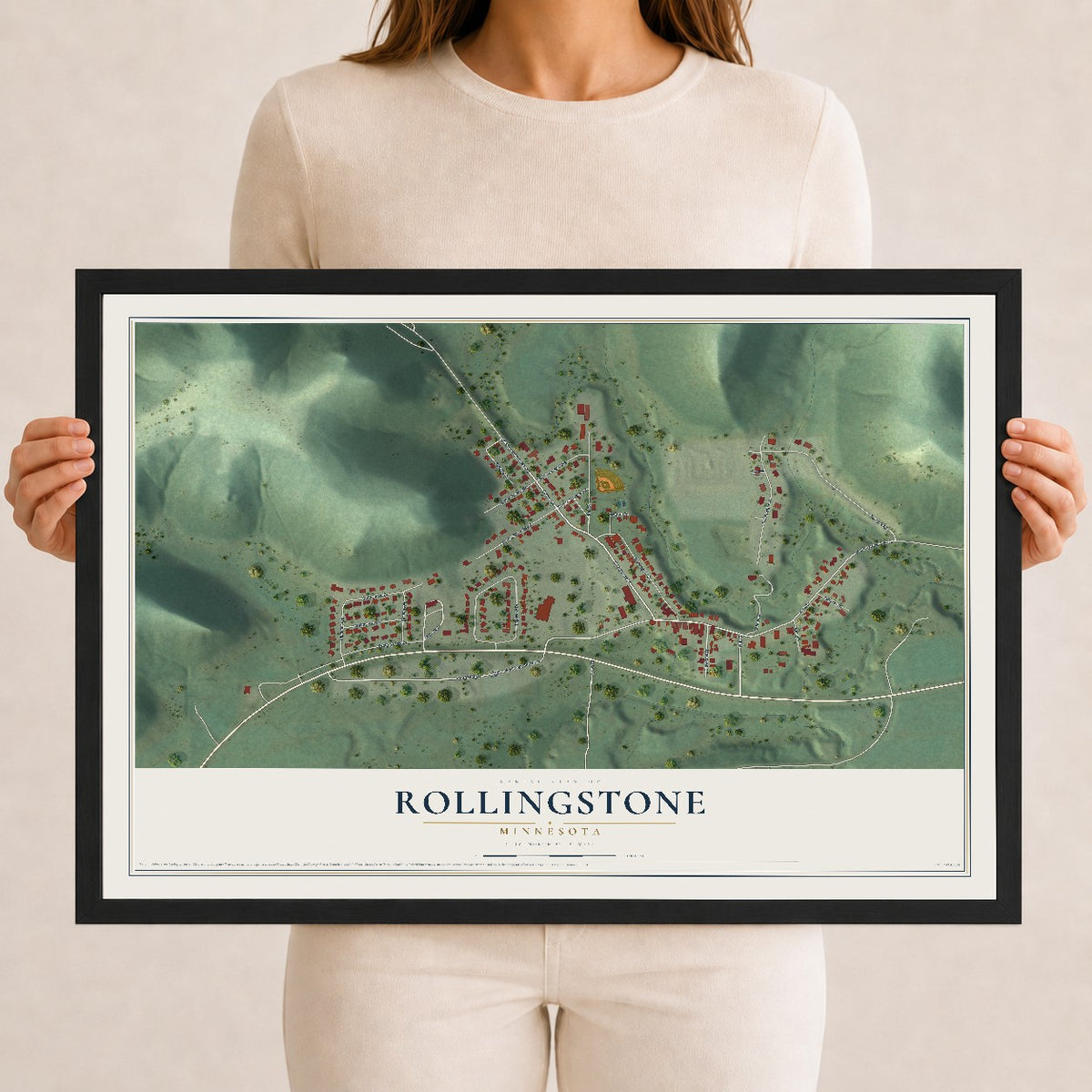Map of Rollingstone, Minnesota, 12 x 18 inch print in a black wood frame