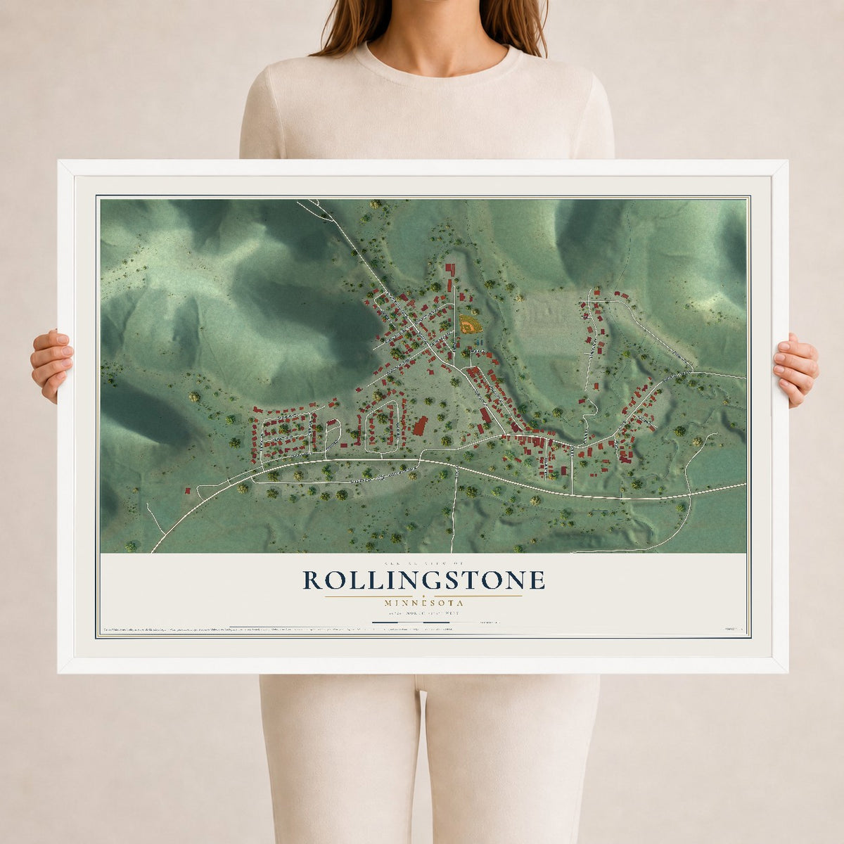 Map of Rollingstone, Minnesota, 24 x 36 inch print in a white wood frame