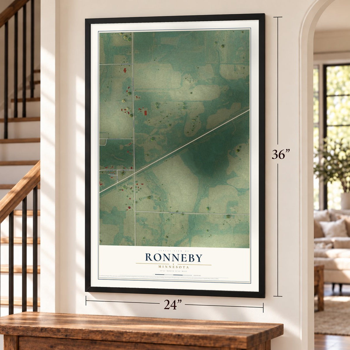 Ronneby, Minnesota map, 24 x 36 inch print in a black frame by a staircase