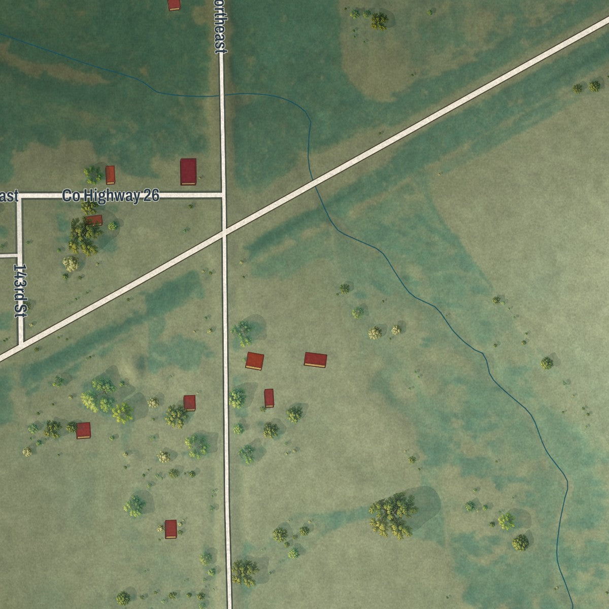 Close-up of the map of Ronneby, Minnesota print showing street and building detail