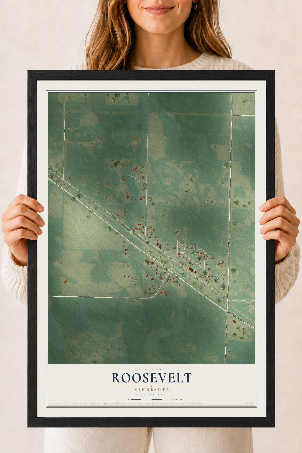 Map of Roosevelt, Minnesota, 18 x 24 inch print in a black wood frame