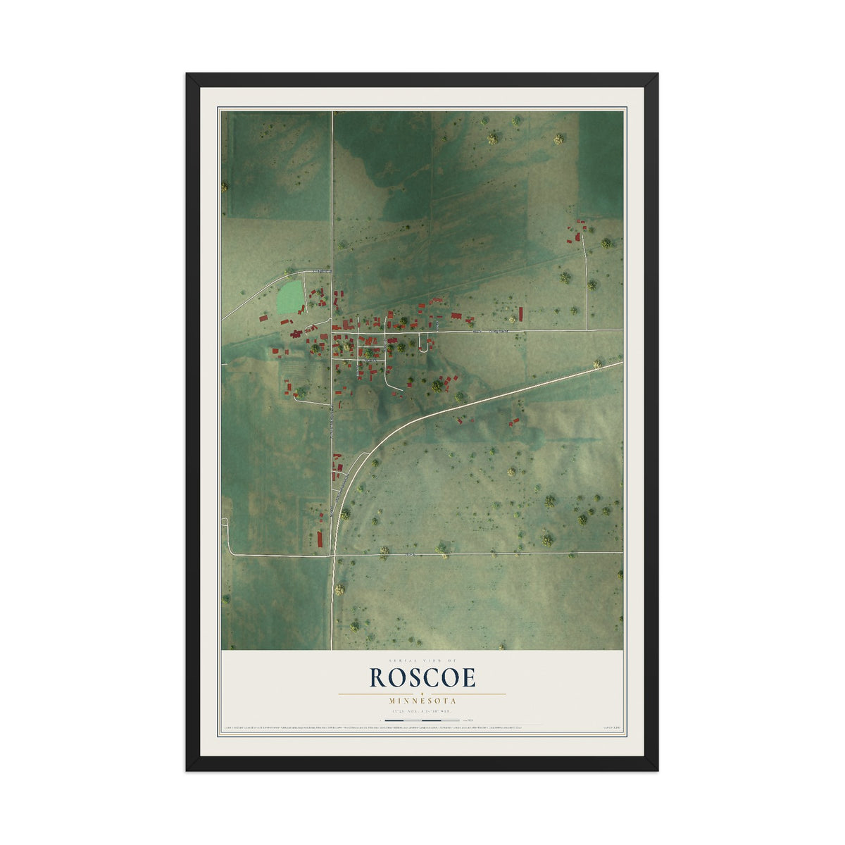 Map of Roscoe, Minnesota, 12 x 18 inch print in a black wood frame