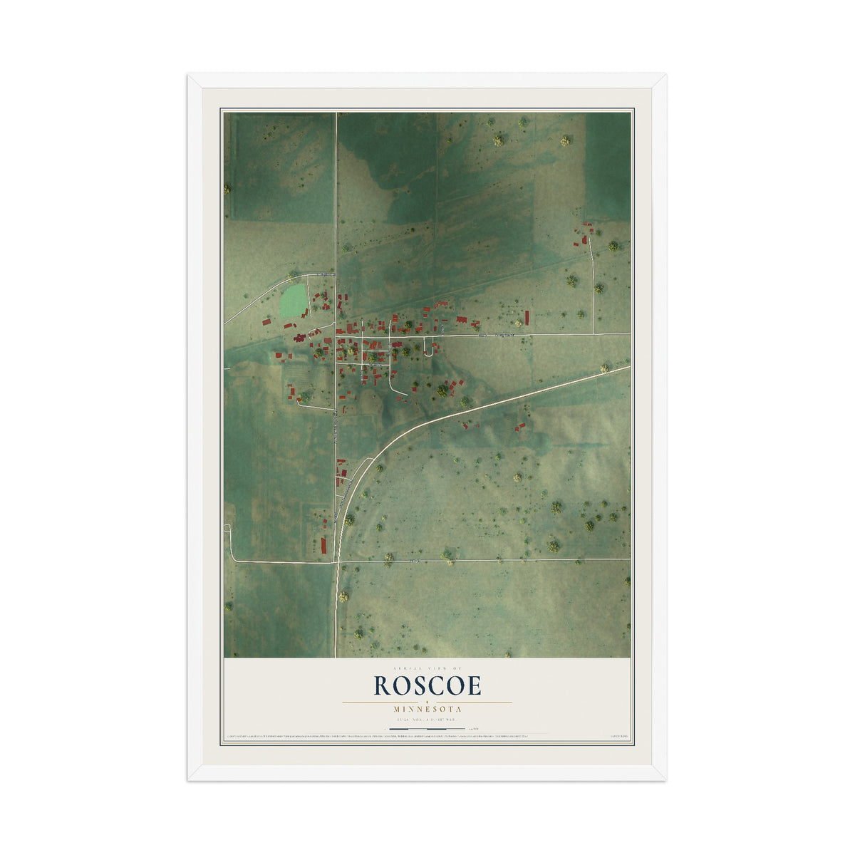 Map of Roscoe, Minnesota, 12 x 18 inch print in a white wood frame