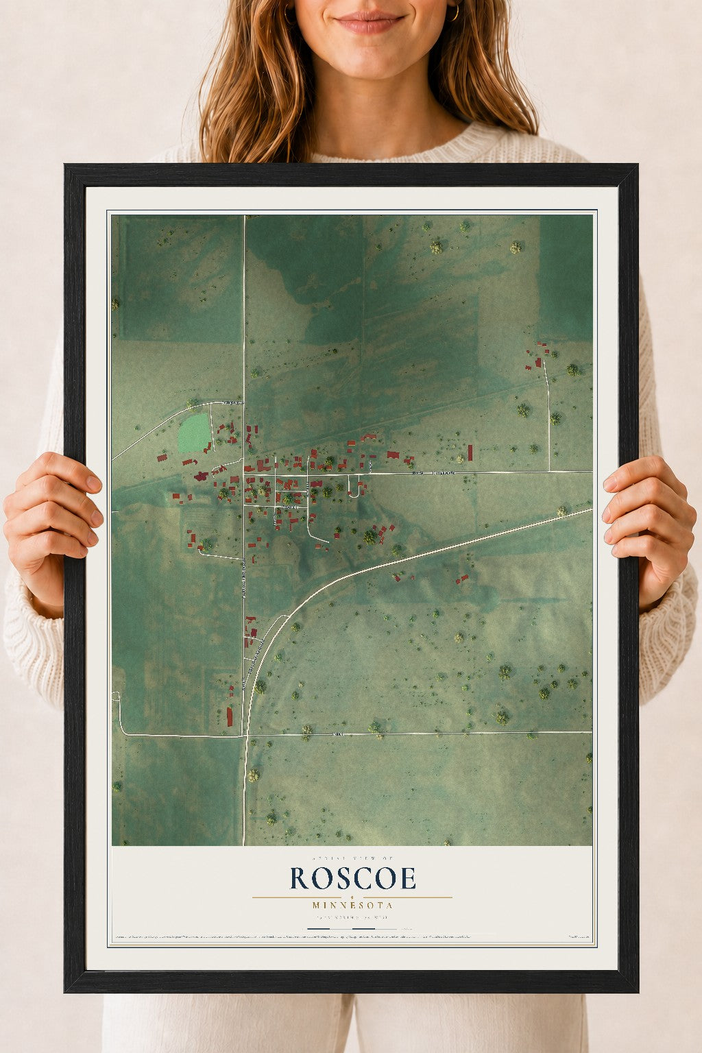 Map of Roscoe, Minnesota, 18 x 24 inch print in a black wood frame