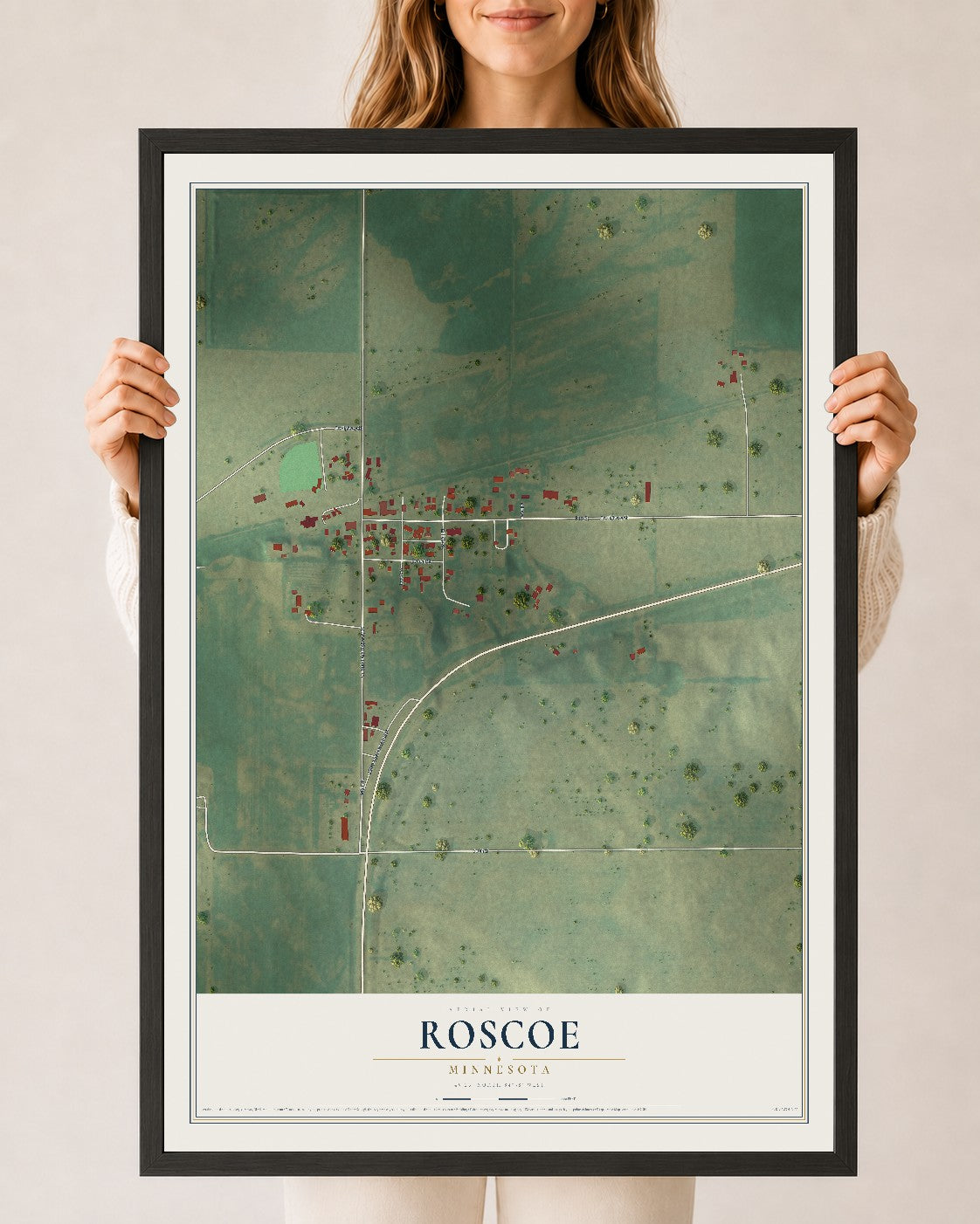 Map of Roscoe, Minnesota, 24 x 36 inch print in a black wood frame