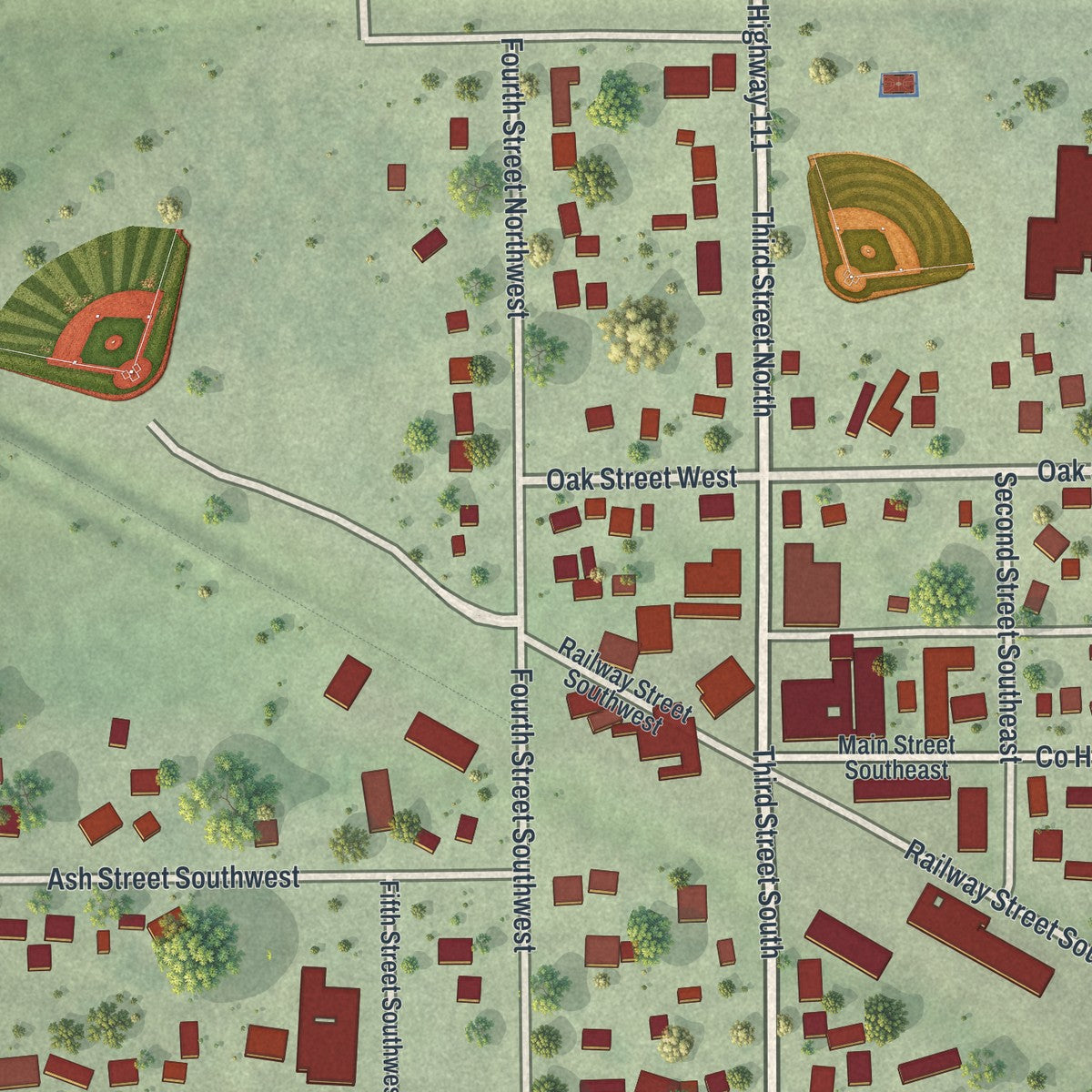 Close-up of the map of Rose Creek, Minnesota print showing street and building detail