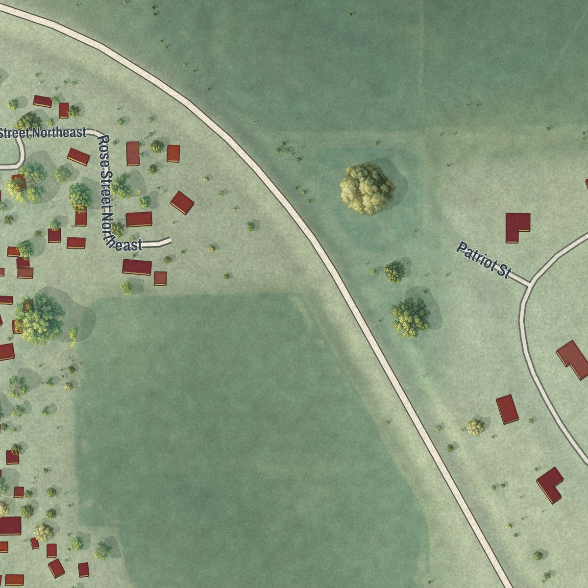 Second close-up of the map of Rose Creek, Minnesota print showing more streets and buildings
