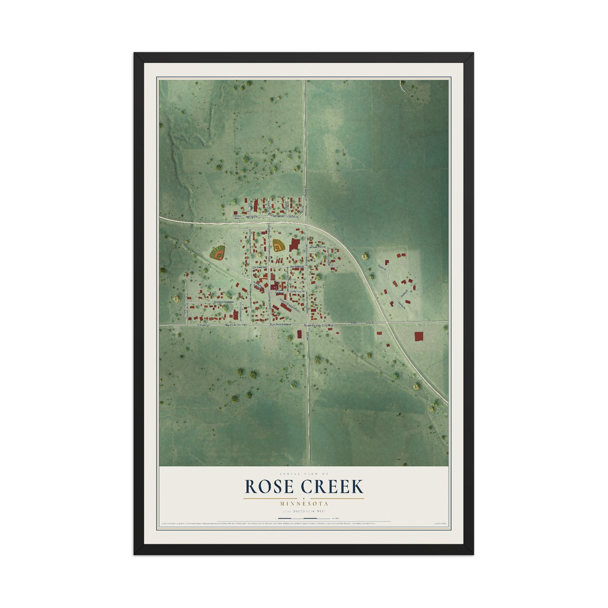 Map of Rose Creek, Minnesota, 12 x 18 inch print in a black wood frame