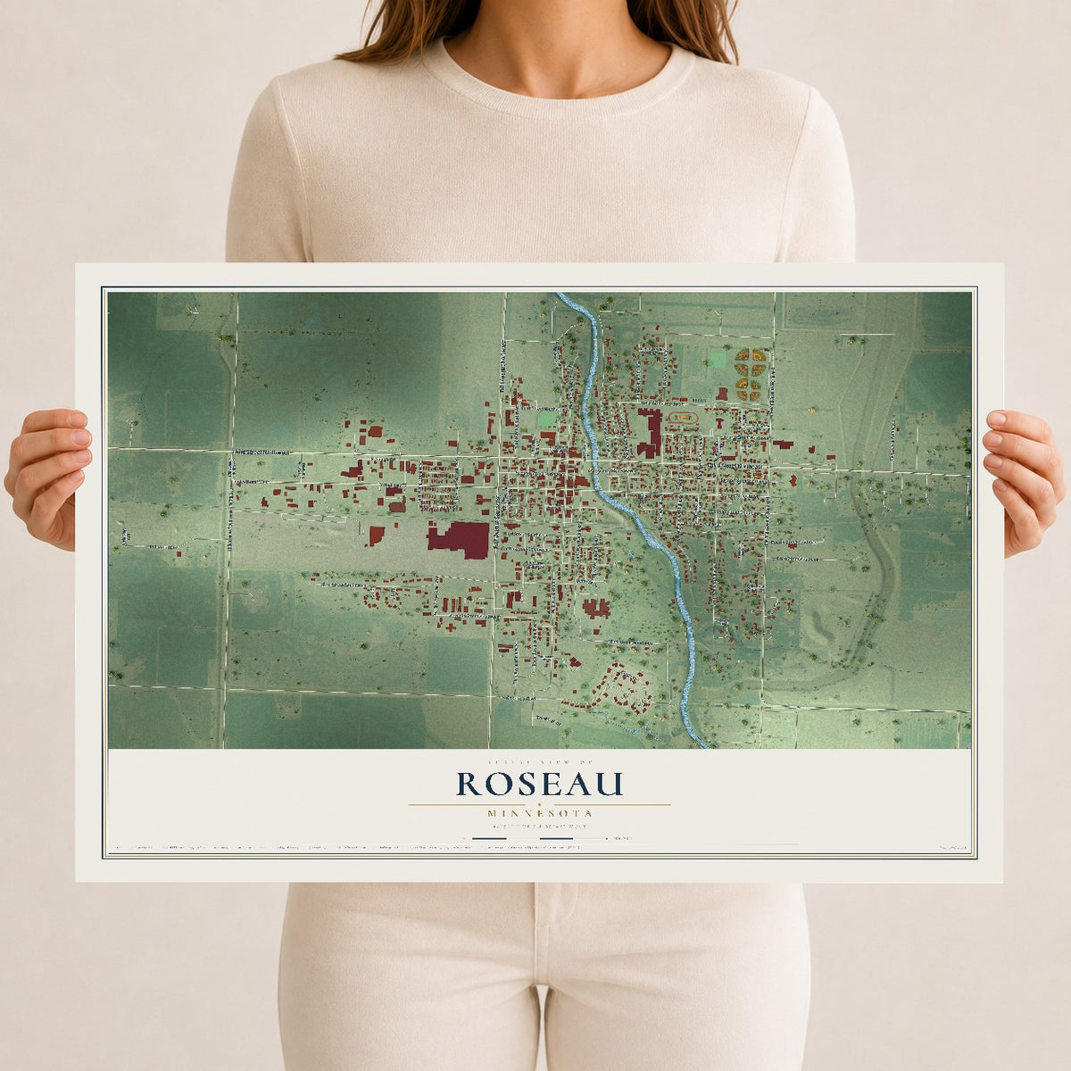 Map of Roseau, Minnesota, 12 x 18 inch unframed archival matte print