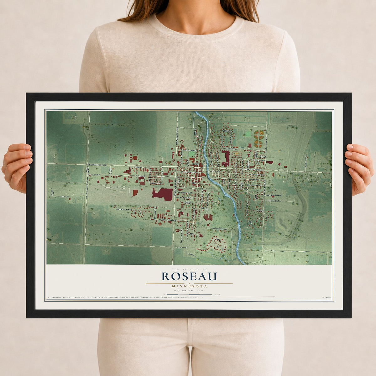 Map of Roseau, Minnesota, 12 x 18 inch print in a black wood frame