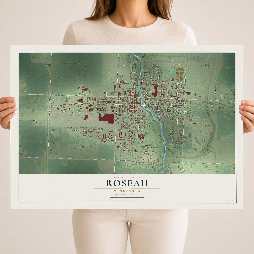 Map of Roseau, Minnesota, 18 x 24 inch unframed archival matte print