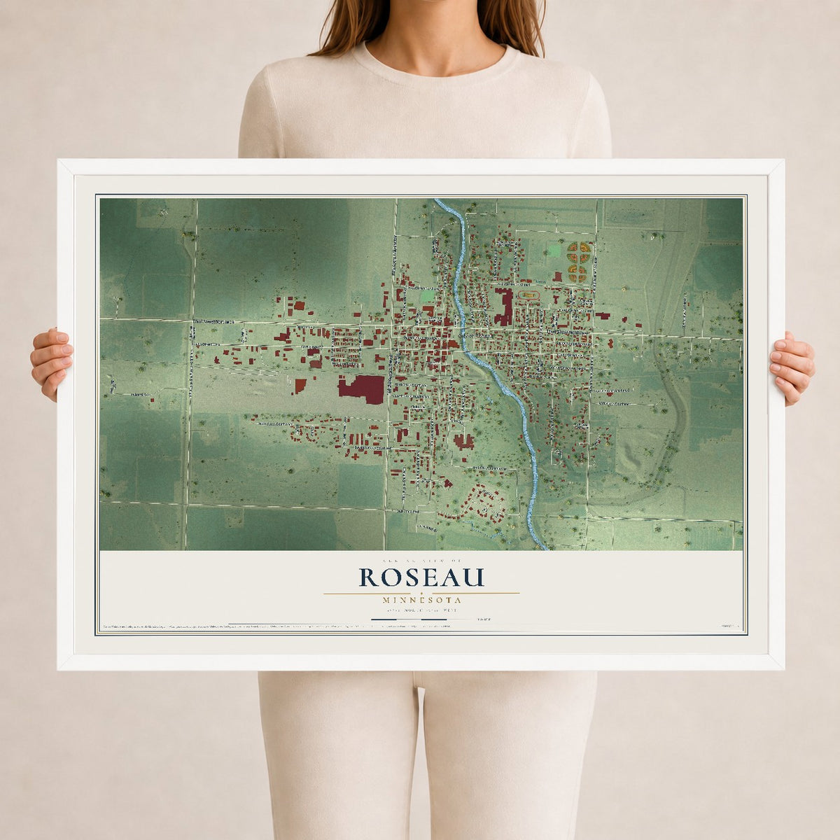 Map of Roseau, Minnesota, 24 x 36 inch print in a white wood frame