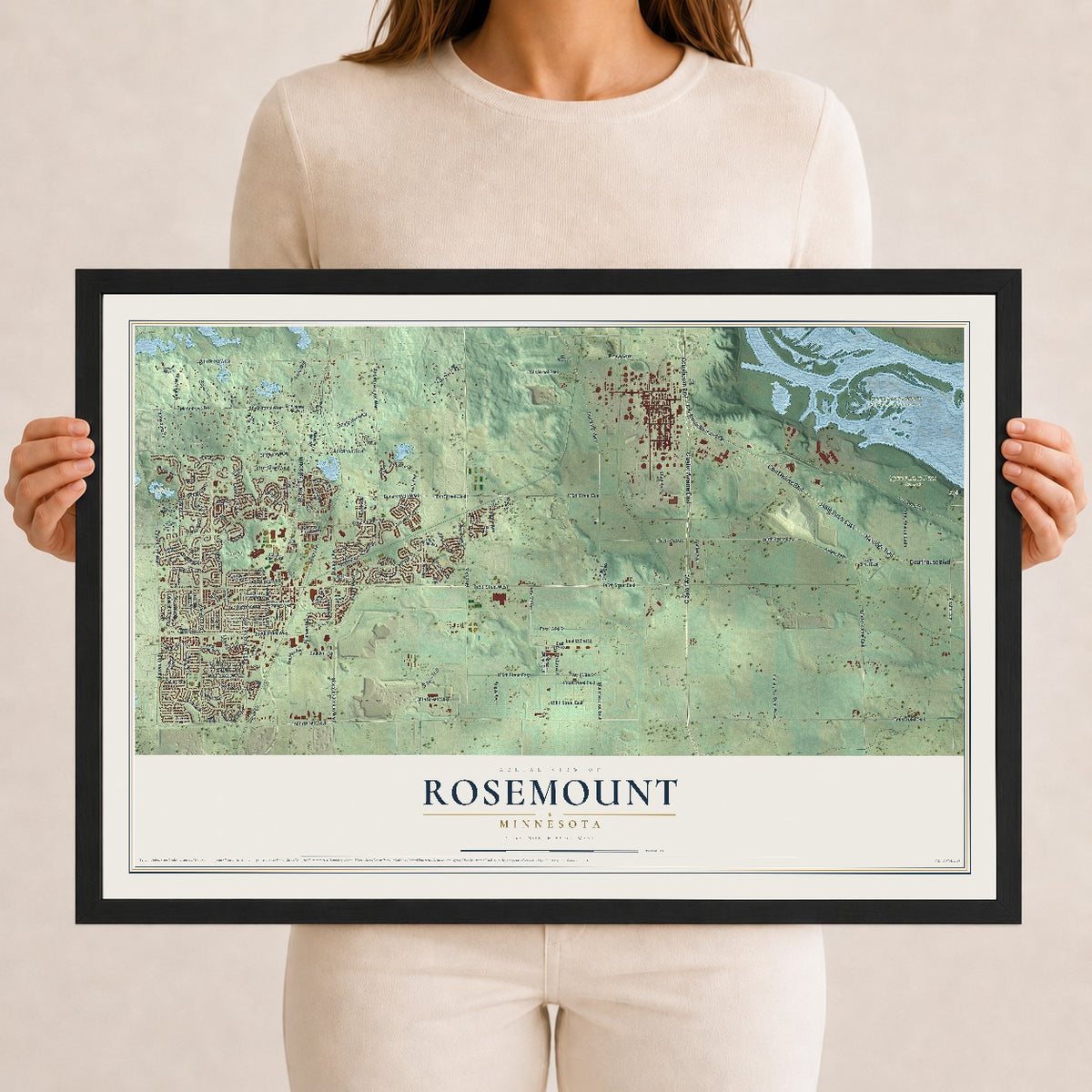 Map of Rosemount, Minnesota, 12 x 18 inch print in a black wood frame