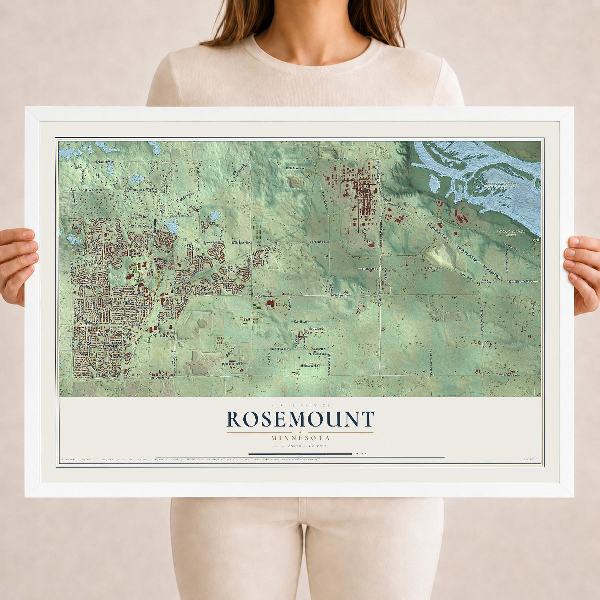 Map of Rosemount, Minnesota, 18 x 24 inch print in a white wood frame