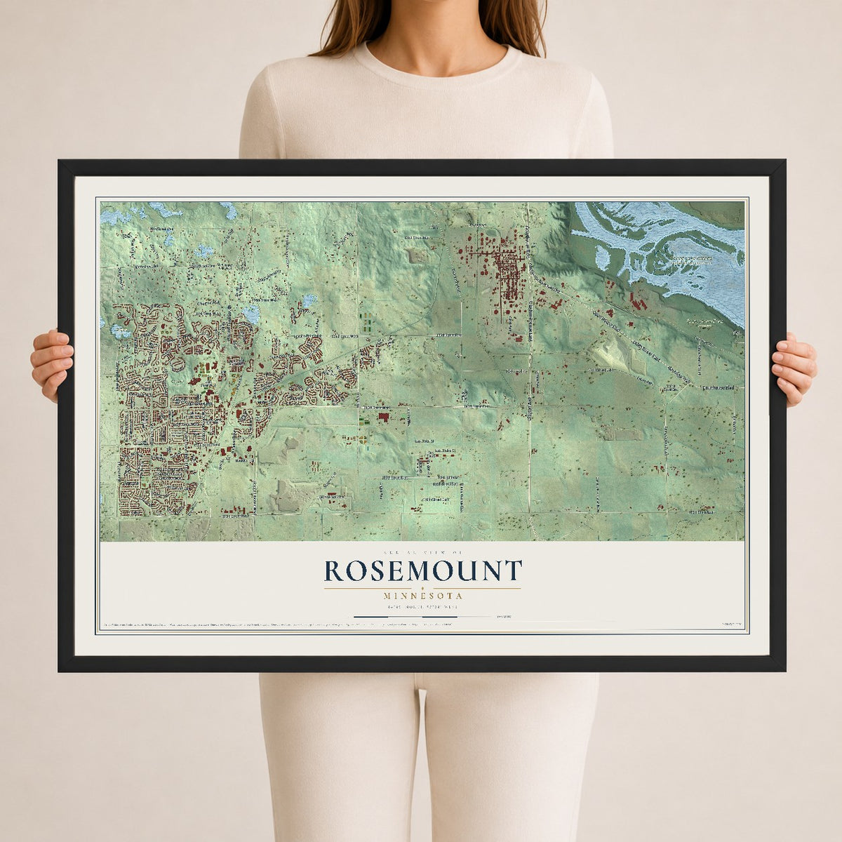 Map of Rosemount, Minnesota, 24 x 36 inch print in a black wood frame