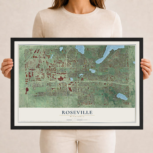 Map of Roseville, Minnesota, 12 x 18 inch print in a black wood frame