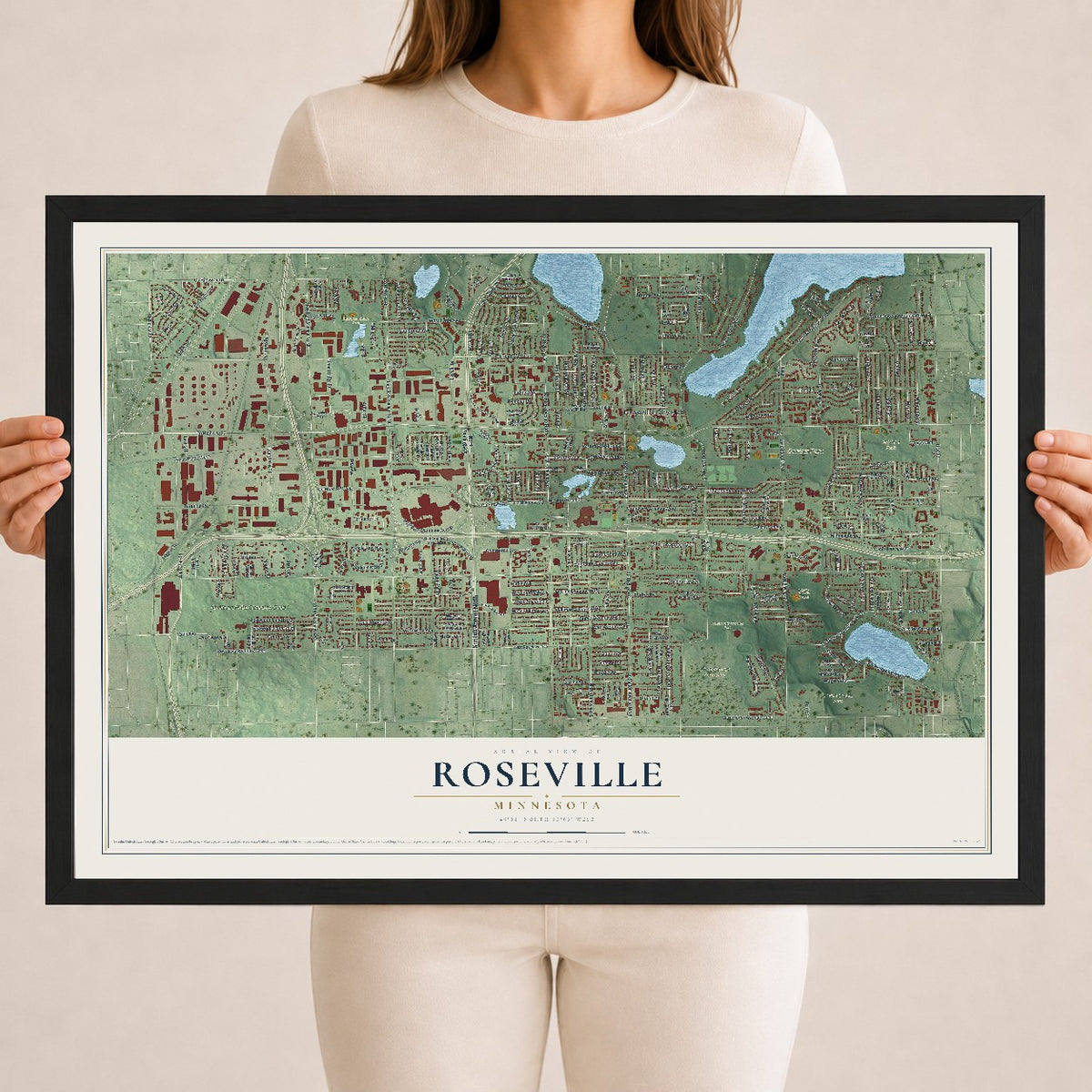 Map of Roseville, Minnesota, 18 x 24 inch print in a black wood frame