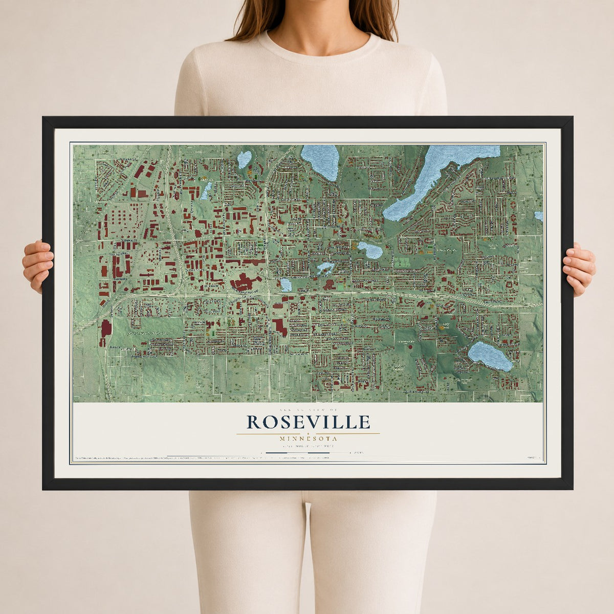Map of Roseville, Minnesota, 24 x 36 inch print in a black wood frame