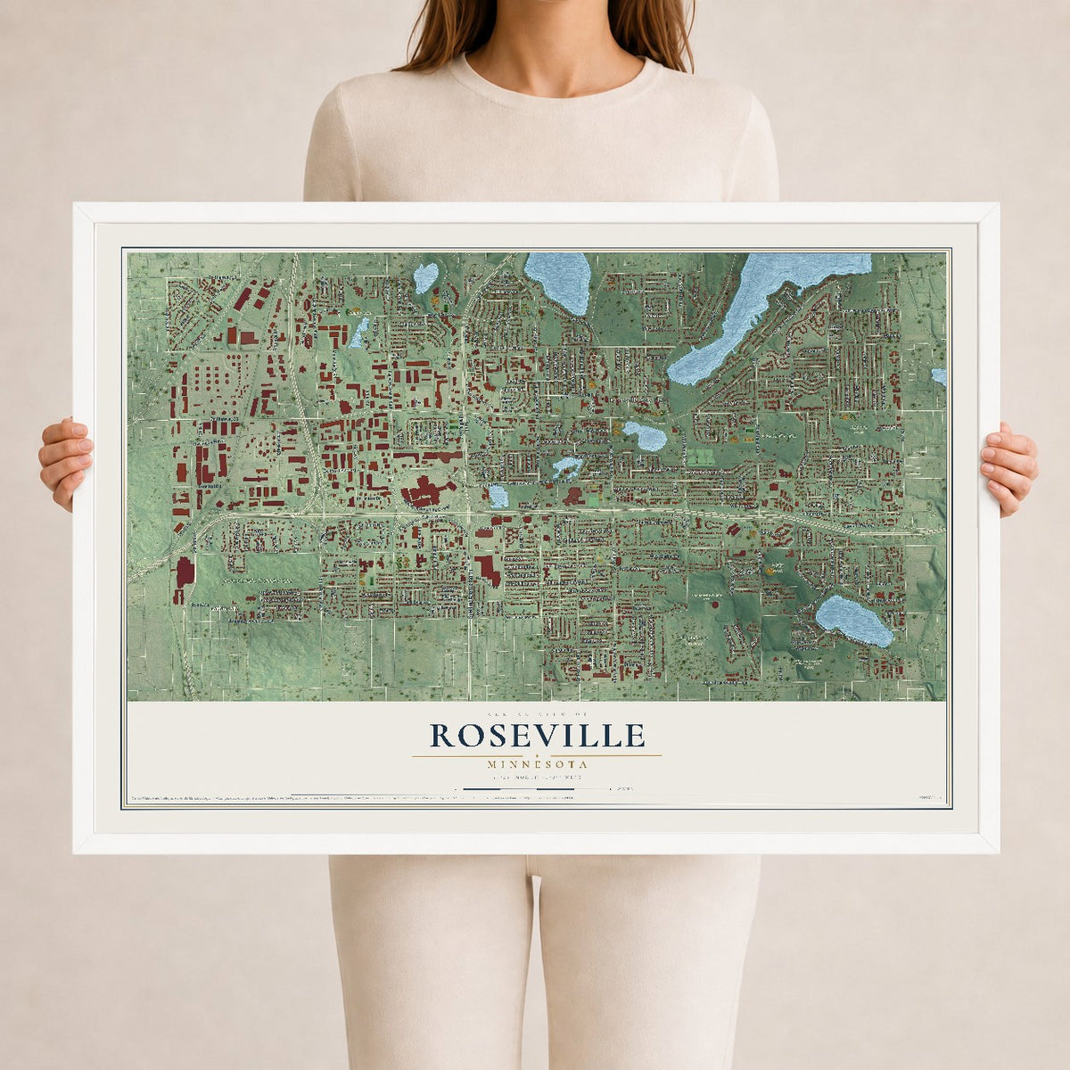 Map of Roseville, Minnesota, 24 x 36 inch print in a white wood frame