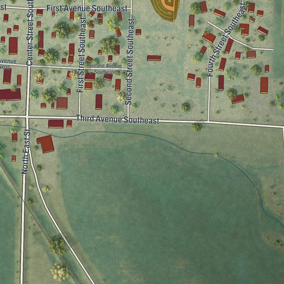 Second close-up of the map of Rothsay, Minnesota print showing more streets and buildings