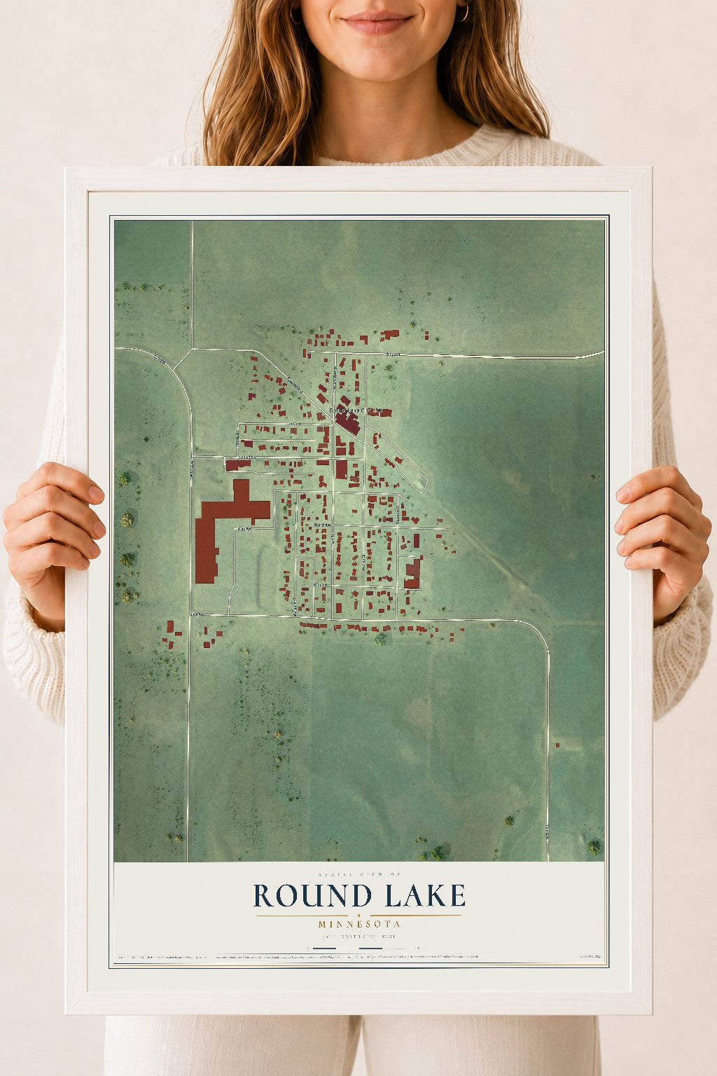 Map of Round Lake, Minnesota, 18 x 24 inch print in a white wood frame