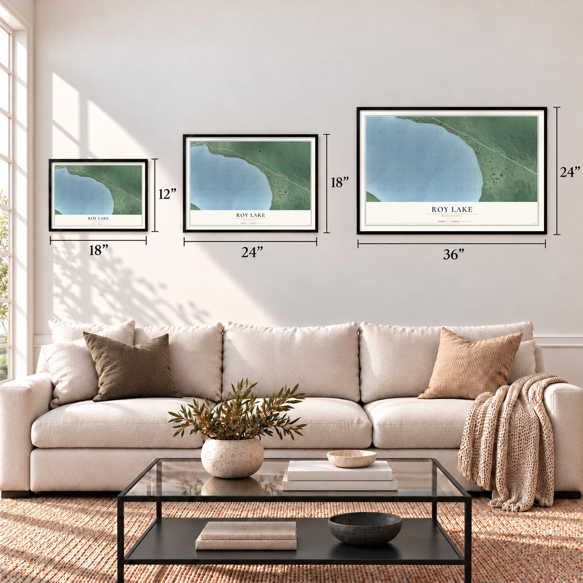Roy Lake, Minnesota map in 12 x 18, 18 x 24 and 24 x 36 inch sizes above a sofa