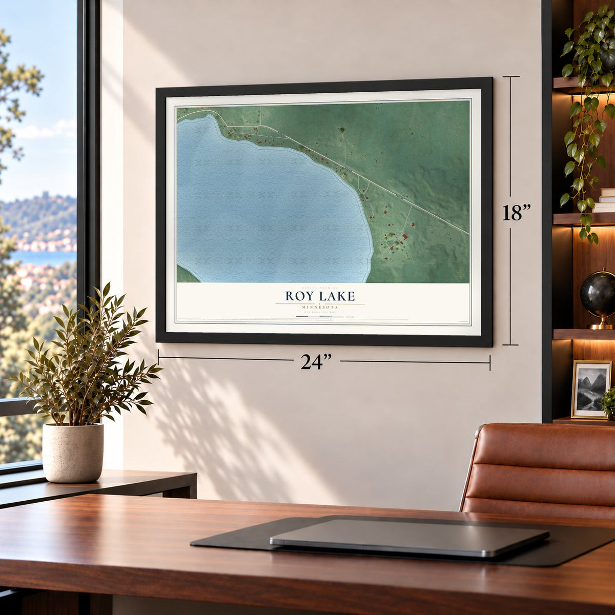 Roy Lake, Minnesota map, 18 x 24 inch print in a black frame in a home office