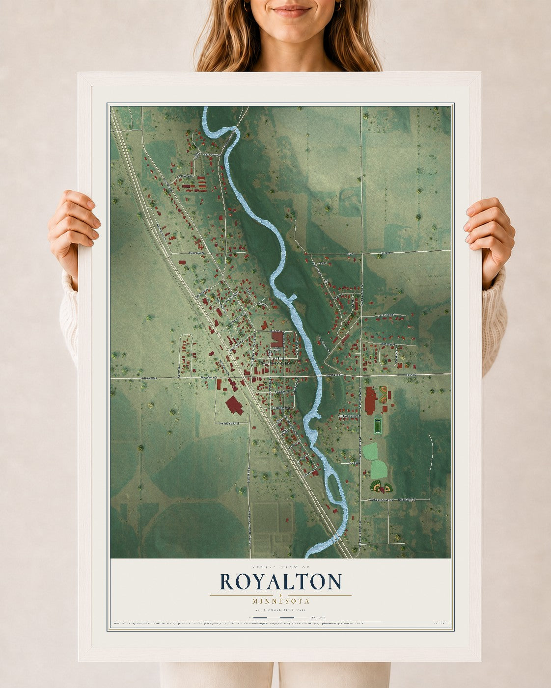 Map of Royalton, Minnesota, 24 x 36 inch print in a white wood frame