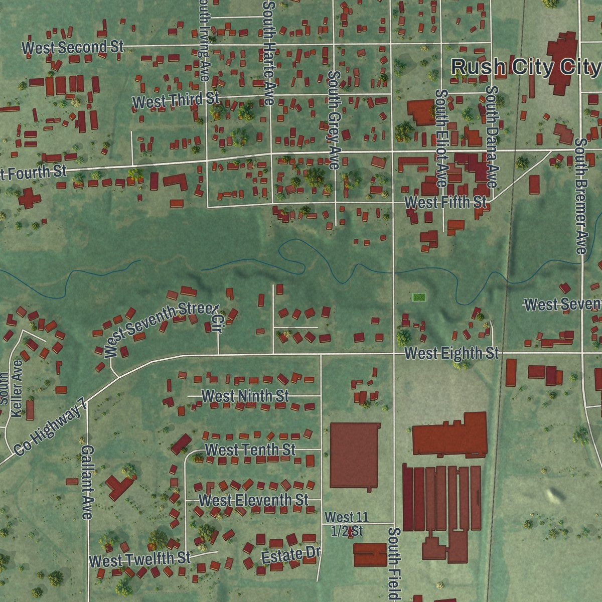 Close-up of the map of Rush City, Minnesota print showing street and building detail