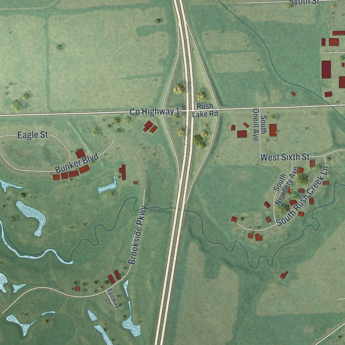 Second close-up of the map of Rush City, Minnesota print showing more streets and buildings