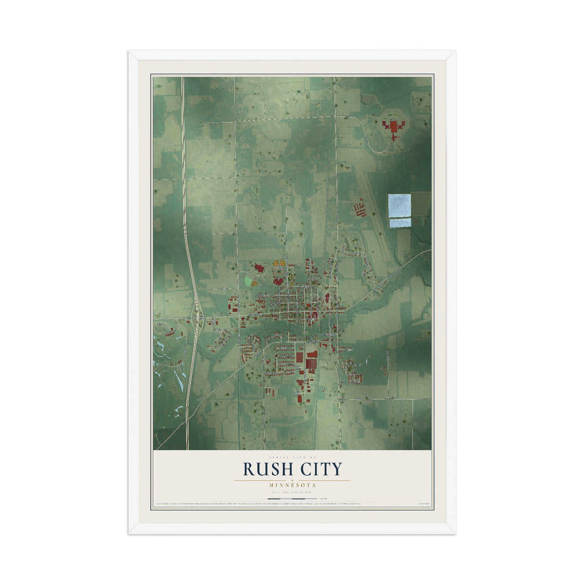 Map of Rush City, Minnesota, 12 x 18 inch print in a white wood frame