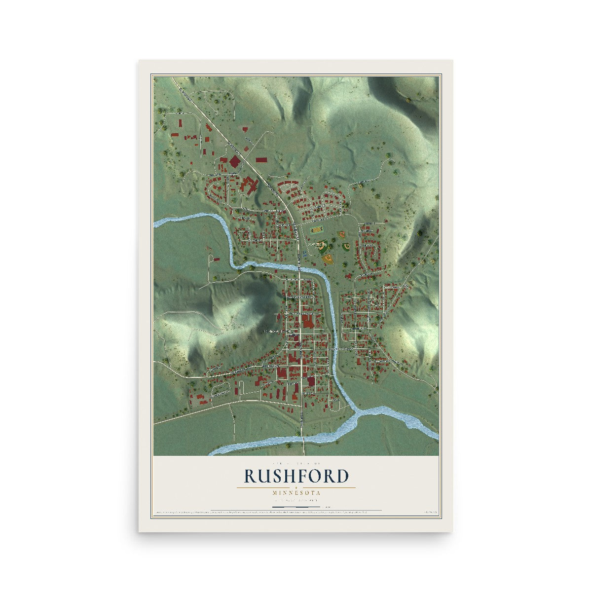 Map of Rushford, Minnesota, 12 x 18 inch unframed archival matte print