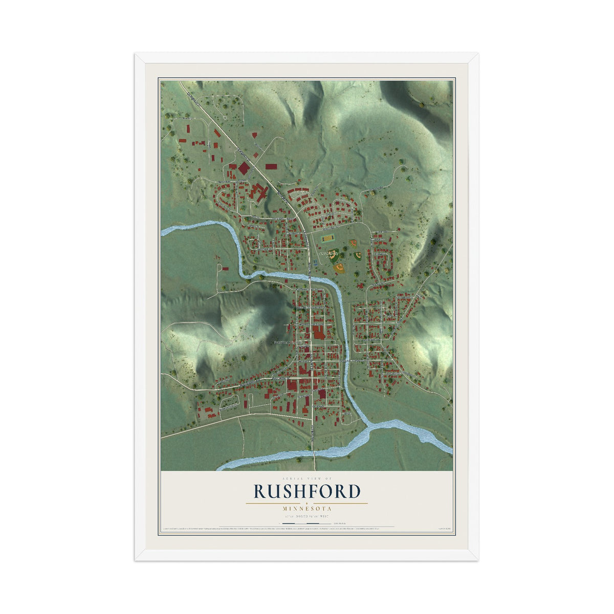 Map of Rushford, Minnesota, 12 x 18 inch print in a white wood frame