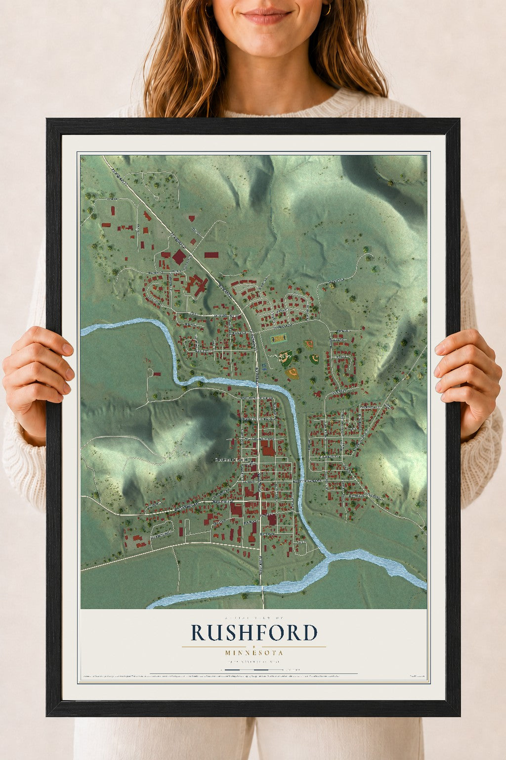 Map of Rushford, Minnesota, 18 x 24 inch print in a black wood frame