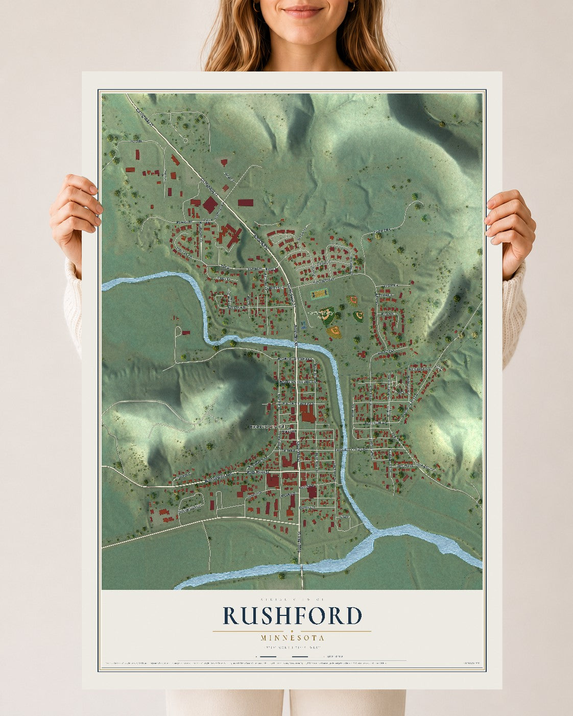 Map of Rushford, Minnesota, 24 x 36 inch unframed archival matte print