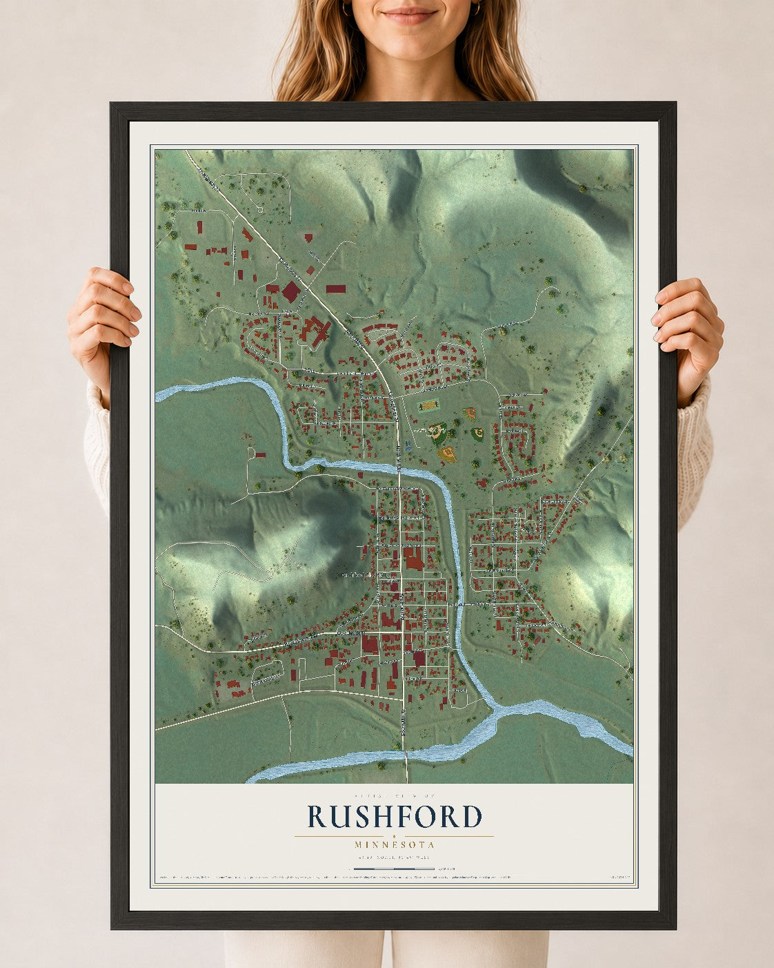 Map of Rushford, Minnesota, 24 x 36 inch print in a black wood frame