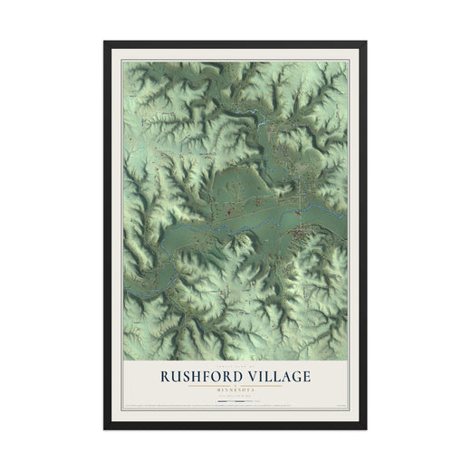 Map of Rushford Village, Minnesota, 12 x 18 inch print in a black wood frame