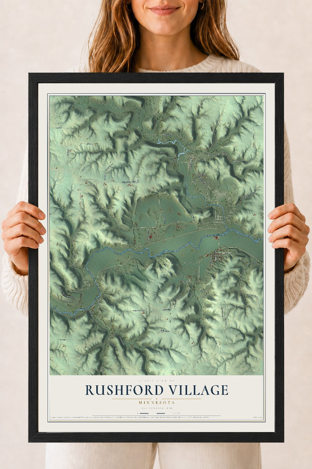 Map of Rushford Village, Minnesota, 18 x 24 inch print in a black wood frame