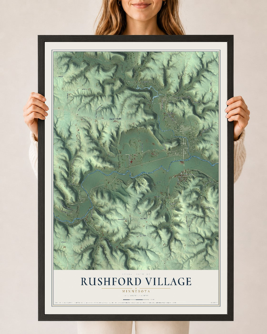 Map of Rushford Village, Minnesota, 24 x 36 inch print in a black wood frame