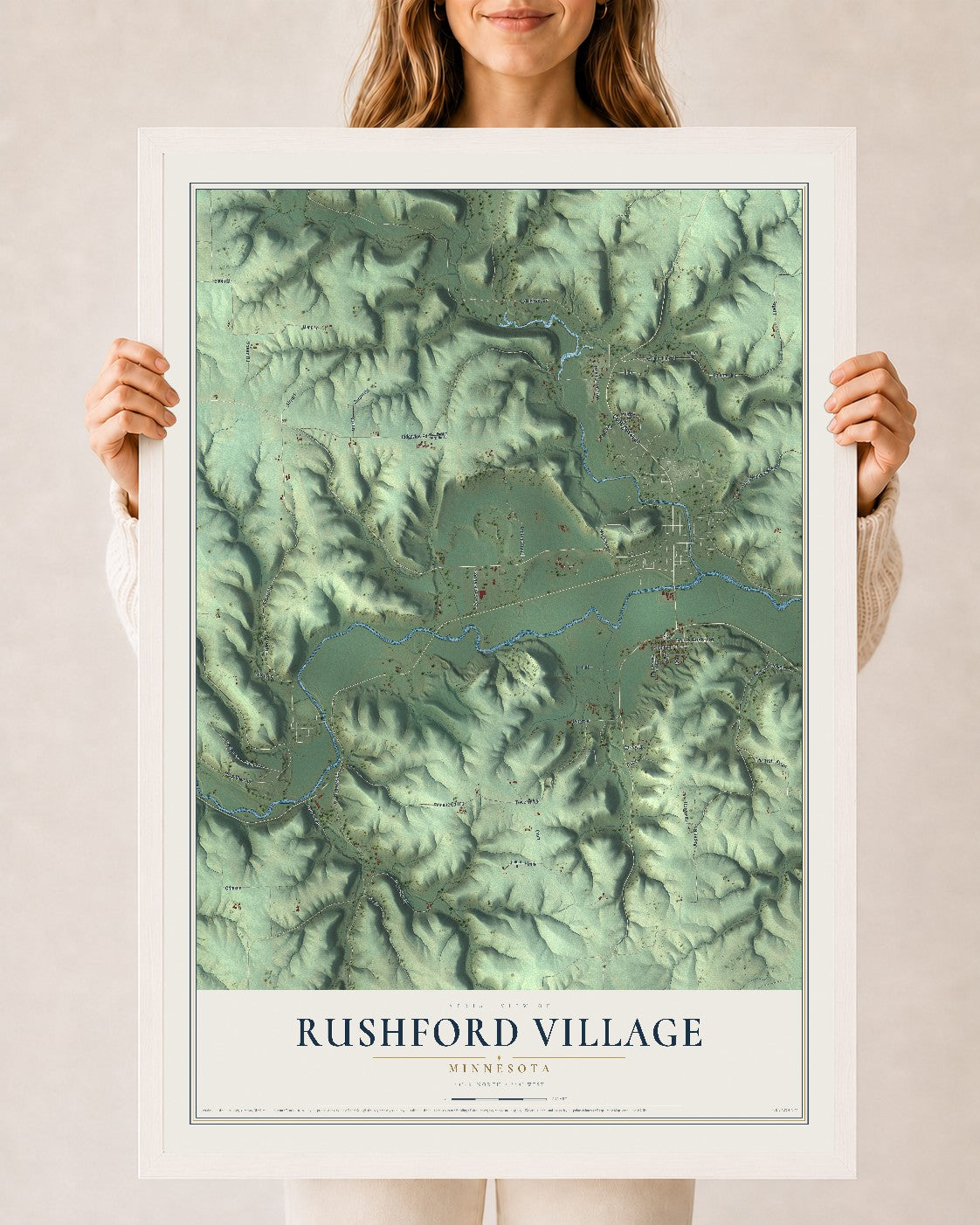 Map of Rushford Village, Minnesota, 24 x 36 inch print in a white wood frame