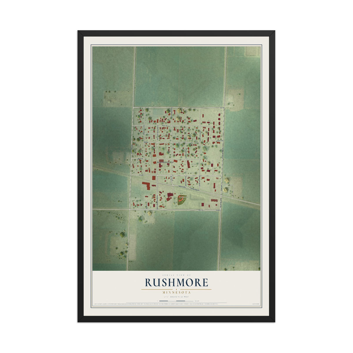 Map of Rushmore, Minnesota, 12 x 18 inch print in a black wood frame