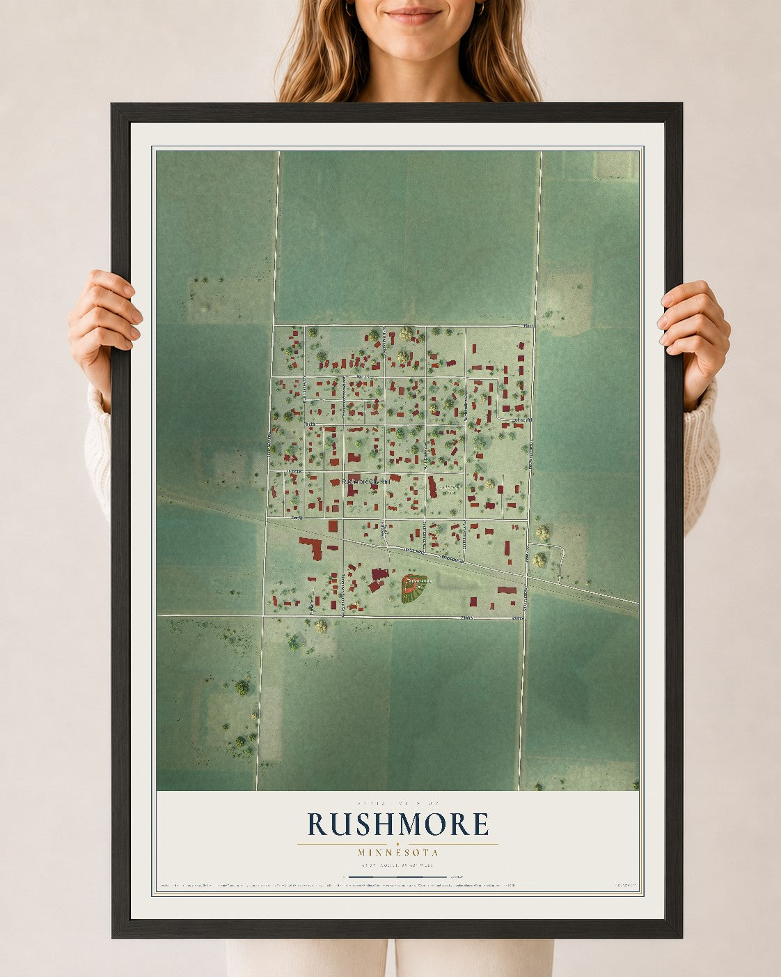 Map of Rushmore, Minnesota, 24 x 36 inch print in a black wood frame