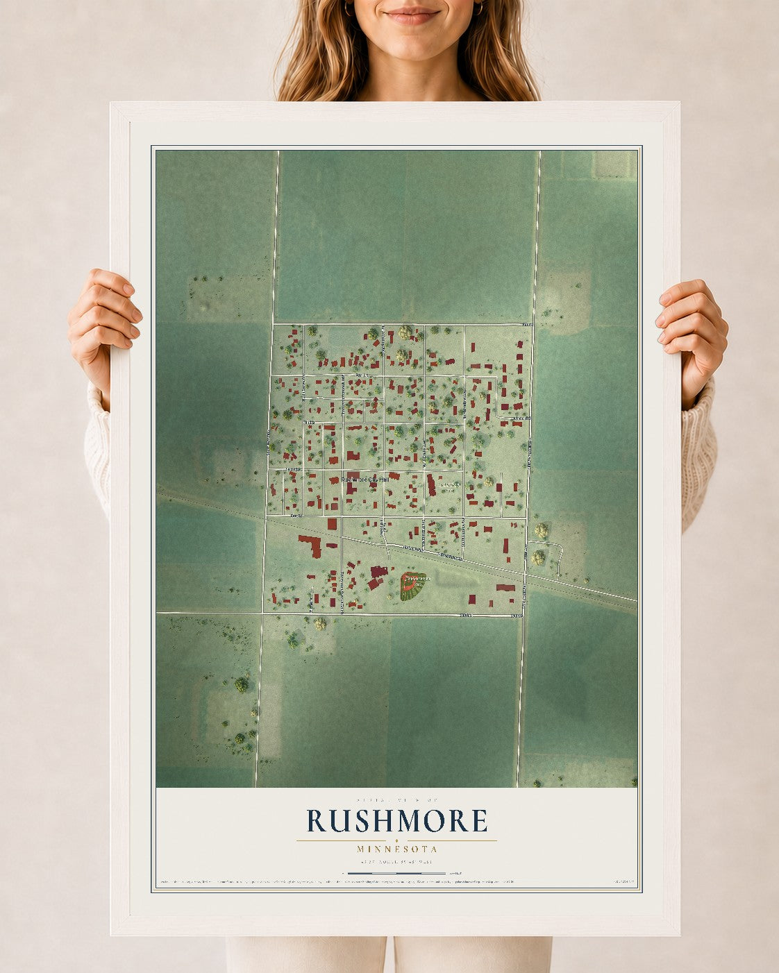 Map of Rushmore, Minnesota, 24 x 36 inch print in a white wood frame