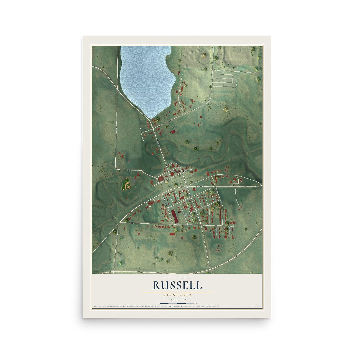 Map of Russell, Minnesota, 12 x 18 inch unframed archival matte print